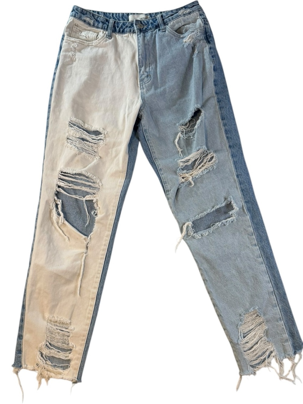Vervet Two Tone Distressed Mom Jeans Women 29 Colorblock Raw Hem Denim